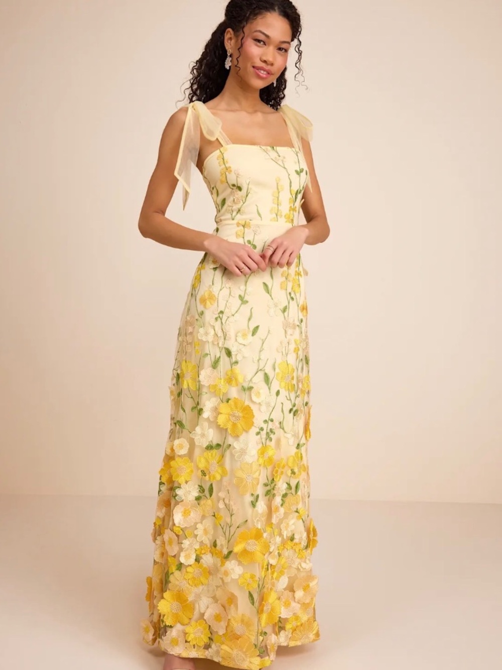 NWOT Lulus Thriving Poise Yellow 3D Floral Embroidered Tie-Strap Maxi Dress M